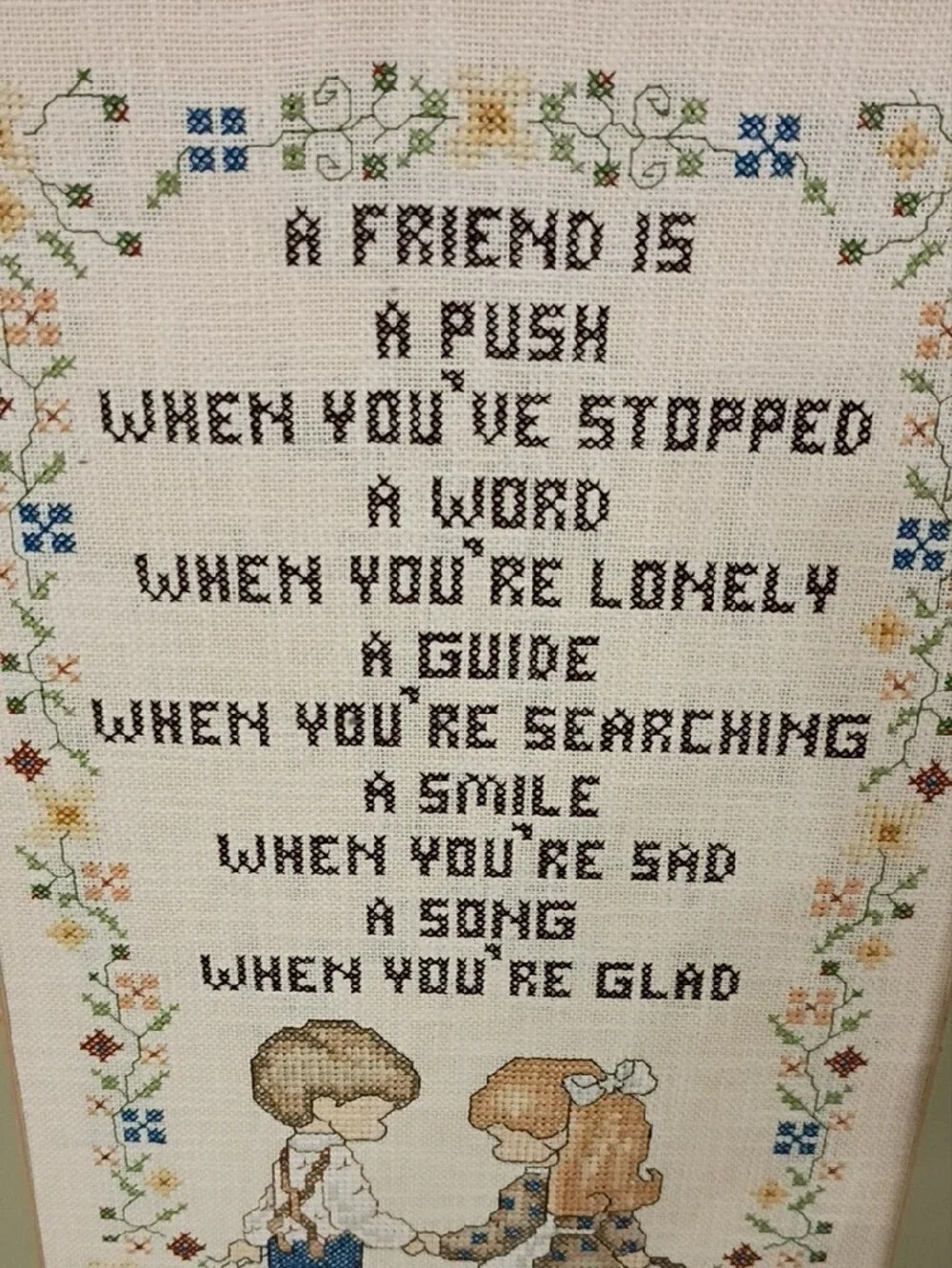 Vintage Green-Matted Framed Cross-Stitch Friendship Art